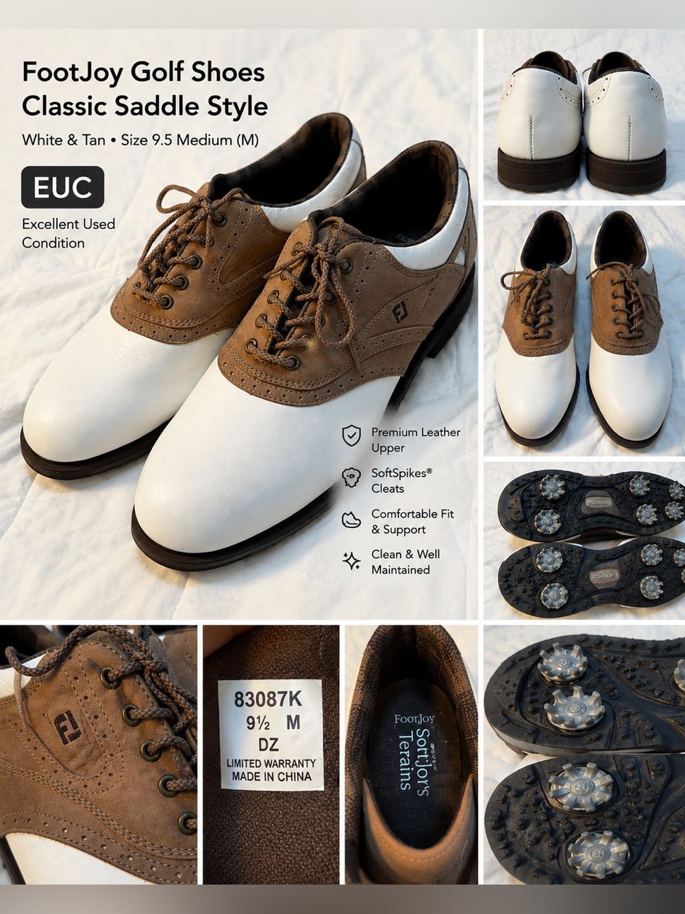 FootJoy W 9.5/ M 7.5 Saddle Golf Shoes - White & Brown/Tan